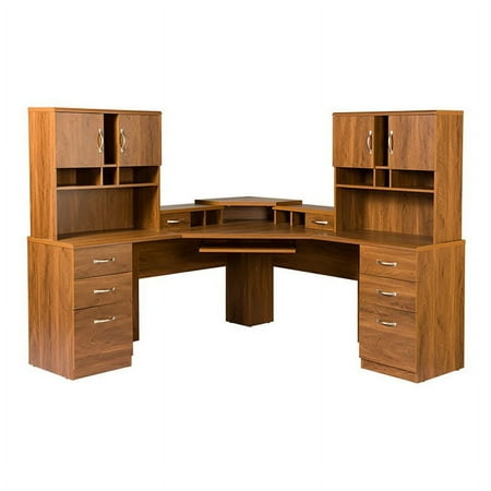 OS Home and Office Furniture Wood Corner L-Workcenter with 2 Hutches in Oak