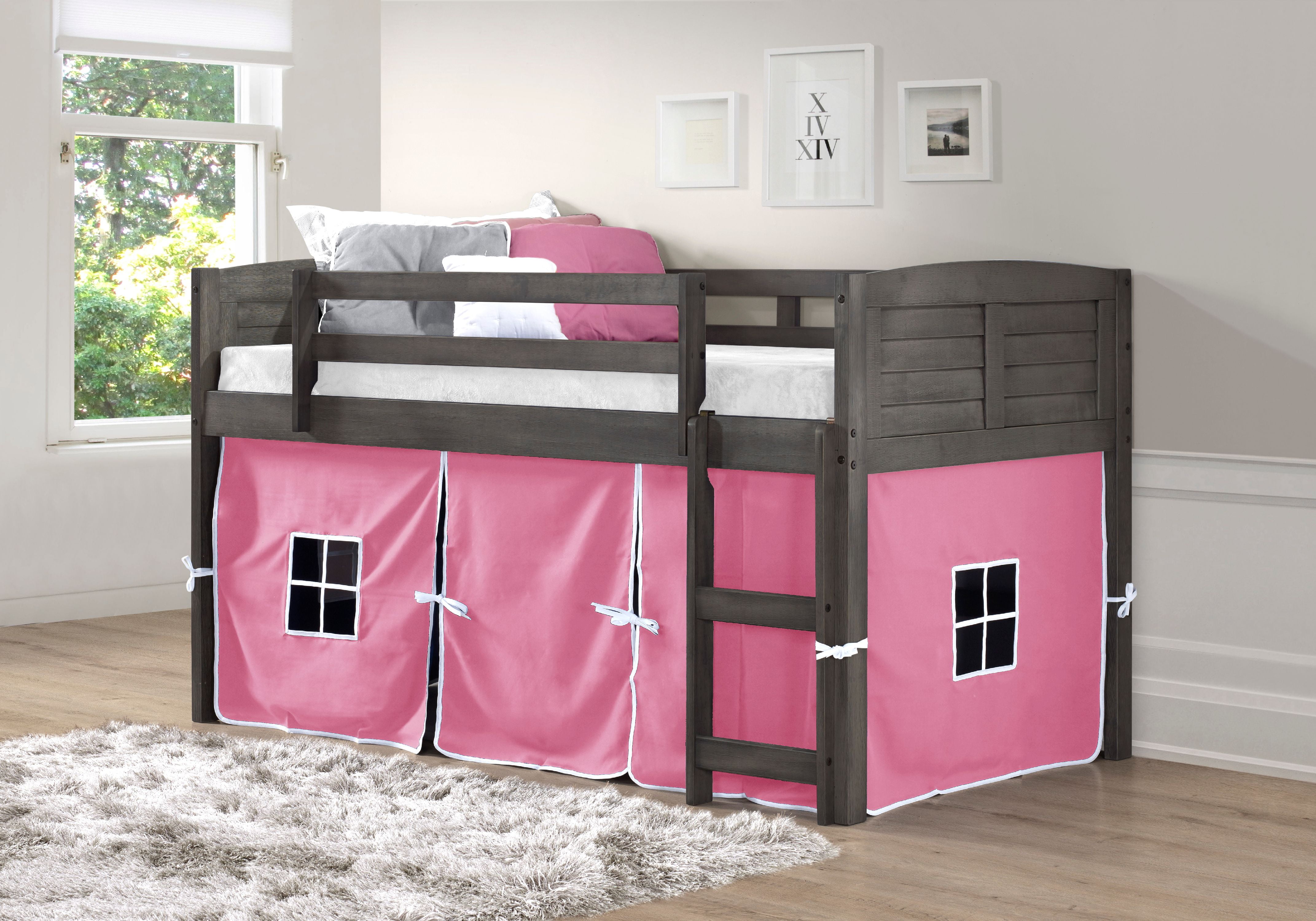 OS Home and Office Louvered Design Twin Low Loft Bed with Pink Tent Kit