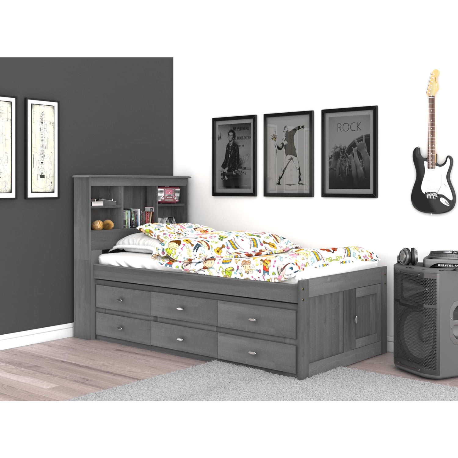Charcoal Gray Twin Wood Captain's Bed with Storage and Bookcase