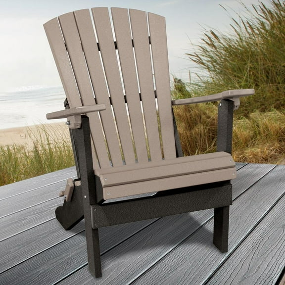 OS Home and Office Model Fan Back Folding Adirondack Chair in Weatherwood with a Black Base