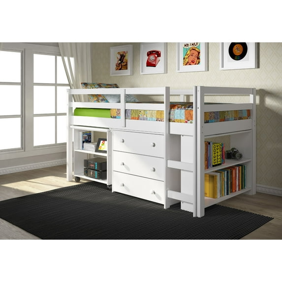 OS Home and Office Twin Loft Bed with Roll-out Desk, Three Drawer Chest, and Bookcase in White Finish