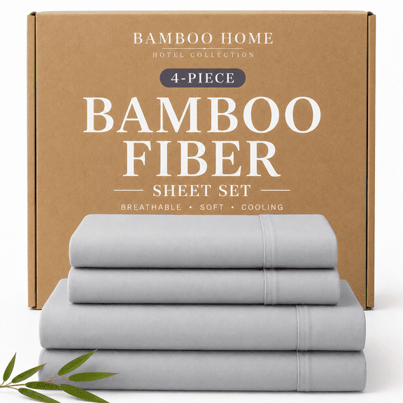 OS OMYSTYLE Bamboo Cooling Sheets Set for Hot Sleepers - Viscose Derived from Bamboo, Breathable & Cool All Night Sheets With 15" Deep Pocket - 4Pieces,King, Light Grey