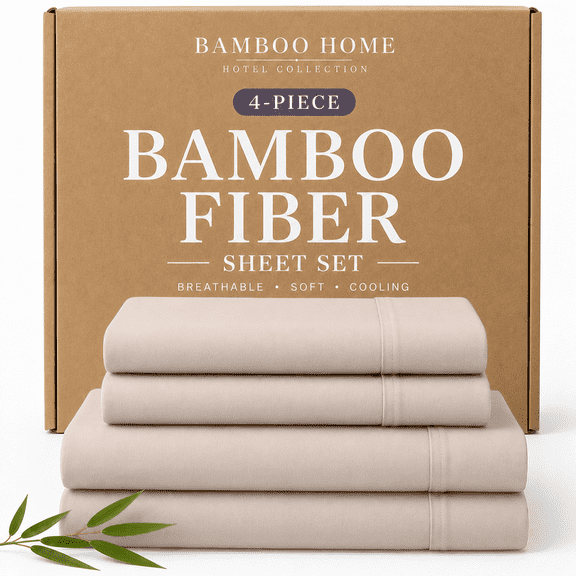 OS OMYSTYLE Bamboo Cooling Sheets Set for Hot Sleepers - Viscose Derived from Bamboo, Breathable & Cool All Night Sheets With 15" Deep Pocket - 4Pieces,Queen, Beige