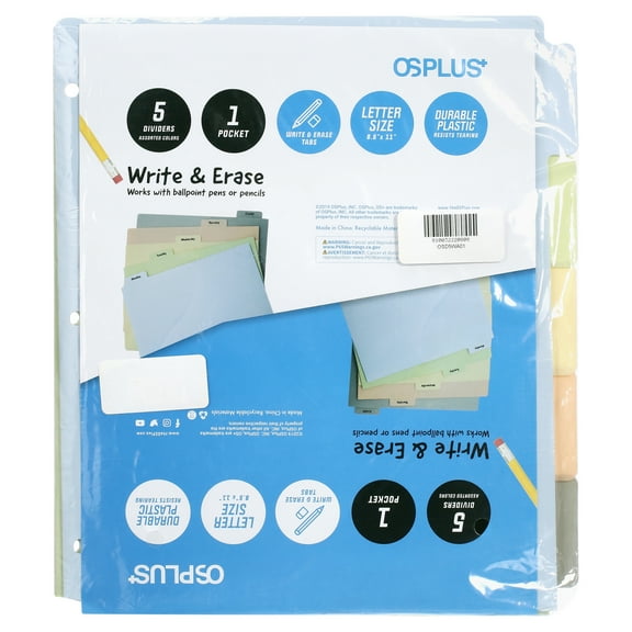 OS Plus 5-Tab, Write-On Tab Dividers, 1 Curved Pocket, Assorted, 1 Set
