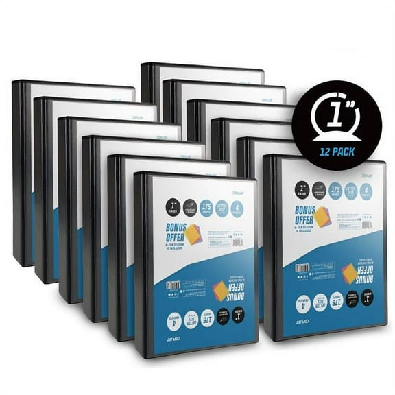 OS Plus 1 Inch O-Ring Simple View Binder, Black, 12-Pack, 5-Tab Dividers 1 Set