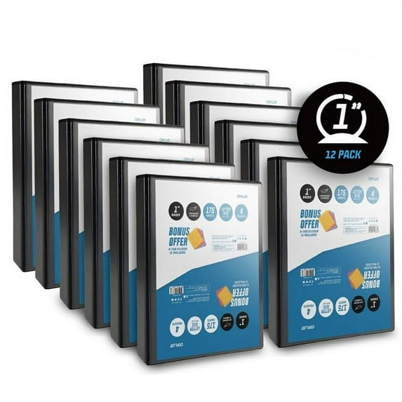OS Plus 1 Inch O-Ring Simple View Binder, Black, 12-Pack, 5-Tab Dividers 1 Set