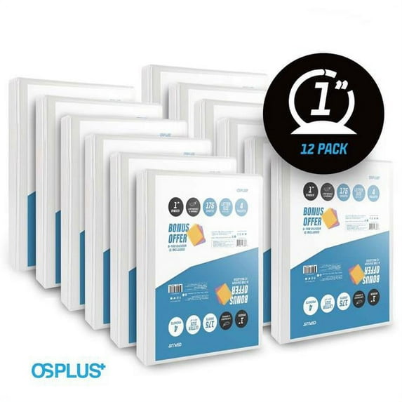 OS Plus 1 Inch O-Ring Simple View Binder, White, 12-Pack, 5-Tab Dividers 1 Set