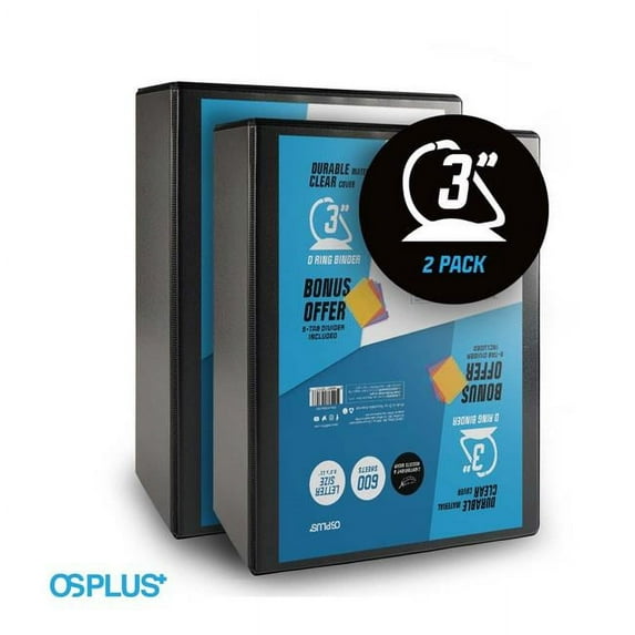OS Plus OSBD30B2 3 in. Durable D-Ring Binder with Bonus 1 Set Divider Included, Black - Pack of 2