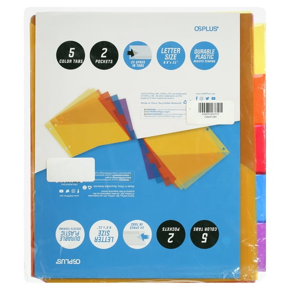 5-Tab Plastic Binder Dividers with 2 Pockets, Insertable Big Tabs for Easy Organization, Durable and Tear-Resistant, Letter Size, 1 Set