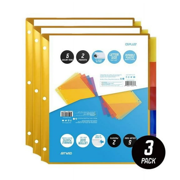 OS Plus 5-Tab Plastic Binder Dividers w/ 2 Pockets, Insertable Big Tabs, 3 Set