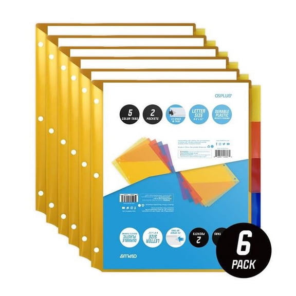 OS Plus 5-Tab Plastic Binder Dividers w/ 2 Pockets, Insertable Big Tabs, 6 Set