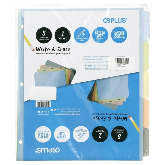 OS Plus 5-Tab 3 Ring White Plastic w/Write & Erase Tab Binder Dividers, 1 Set
