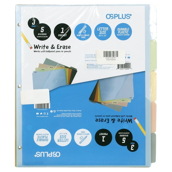 OS Plus 5-Tab 3 Ring White Plastic w/Write & Erase Tab Binder Dividers, 3 Set