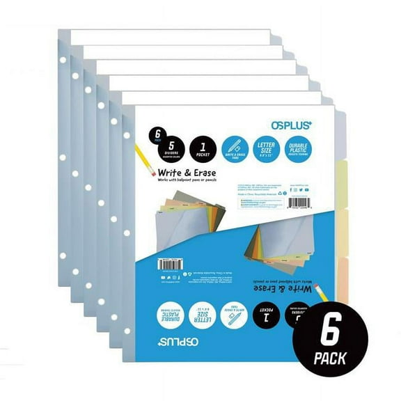OS Plus 5-Tab 3 Ring White Plastic w/Write & Erase Tab Binder Dividers, 6 Set