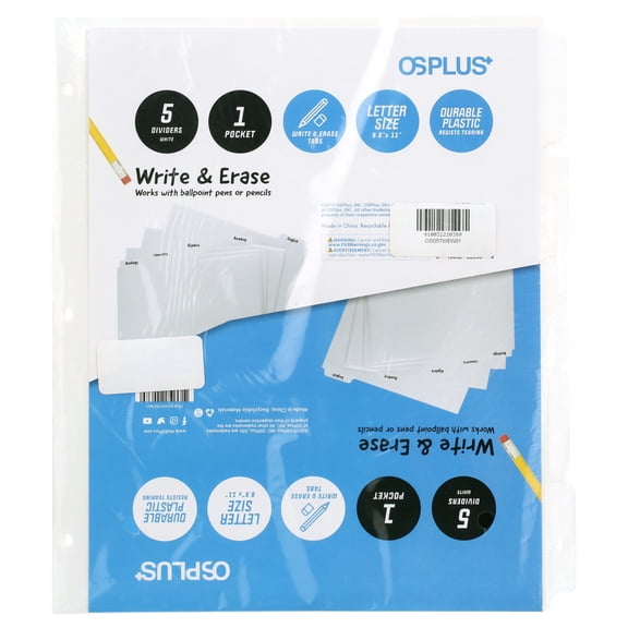 OS Plus 5-Tab 3 Ring White Plastic w/Write & Erase Tab Binder Dividers, 1 Set