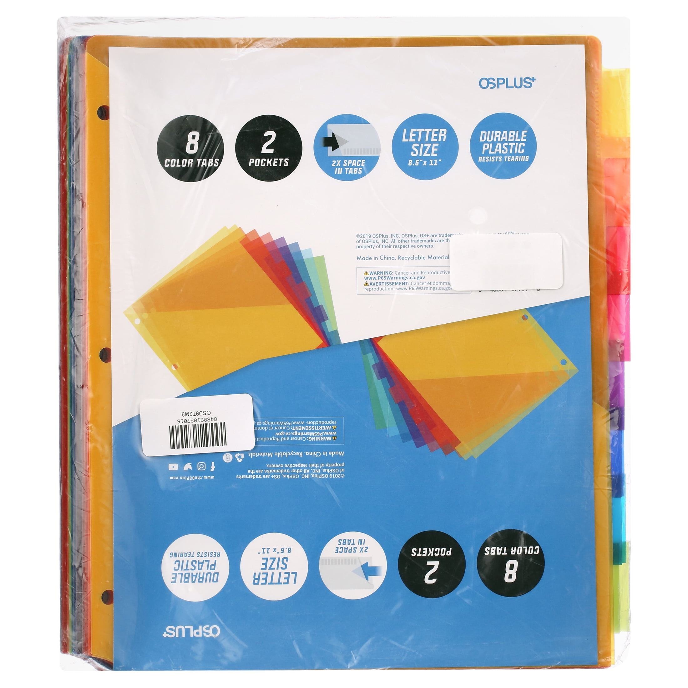 OS Plus OSD8T2M3 8-Tab Plastic Binder Dividers with 2 Pockets & Insertable Big Tabs - Set of 3