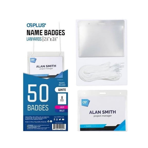 OS Plus Horizontal Lanyard ID Name Badge Card Holder Protector, 50 Pack