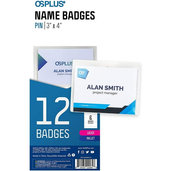OS Plus Horizontal Top-Loading ID Name Badge Card Holder Protector 3" X 4", 12 Pack