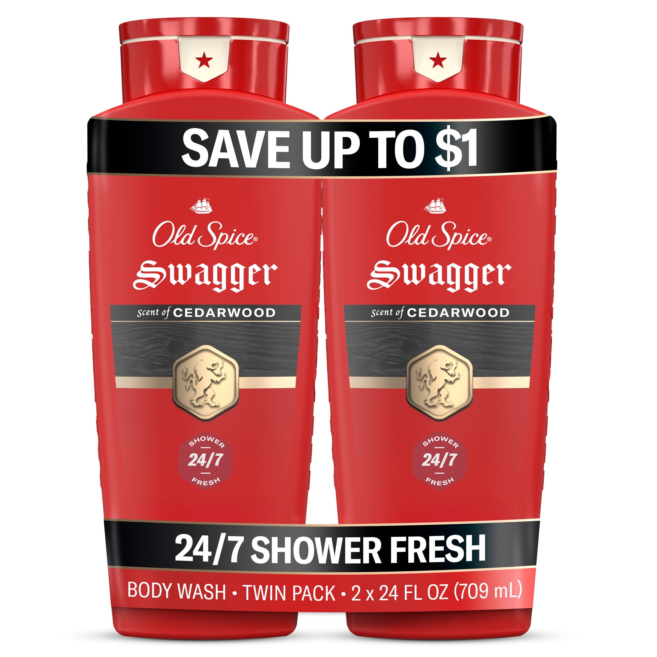 Old Spice Body Wash for Men, Swagger Cedarwood, 24/7 Shower Fresh, 24 ...