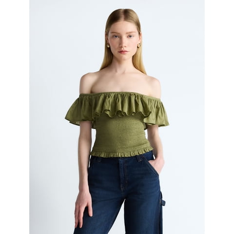 Women’s and Women’s Plus Off-the-Shoulder Smocked Ruffle Cotton Top, Sizes XS-4X