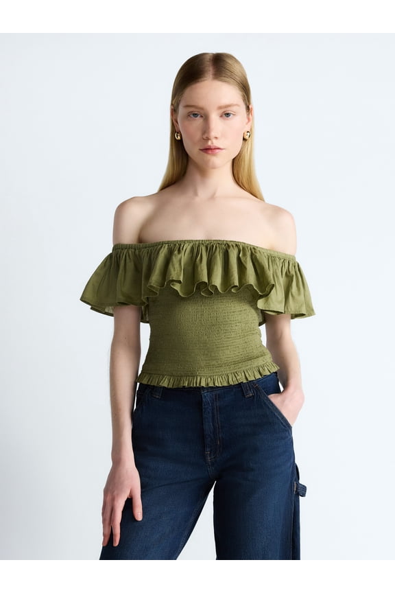 Women’s and Women’s Plus Off-the-Shoulder Smocked Ruffle Cotton Top, Sizes XS-4X