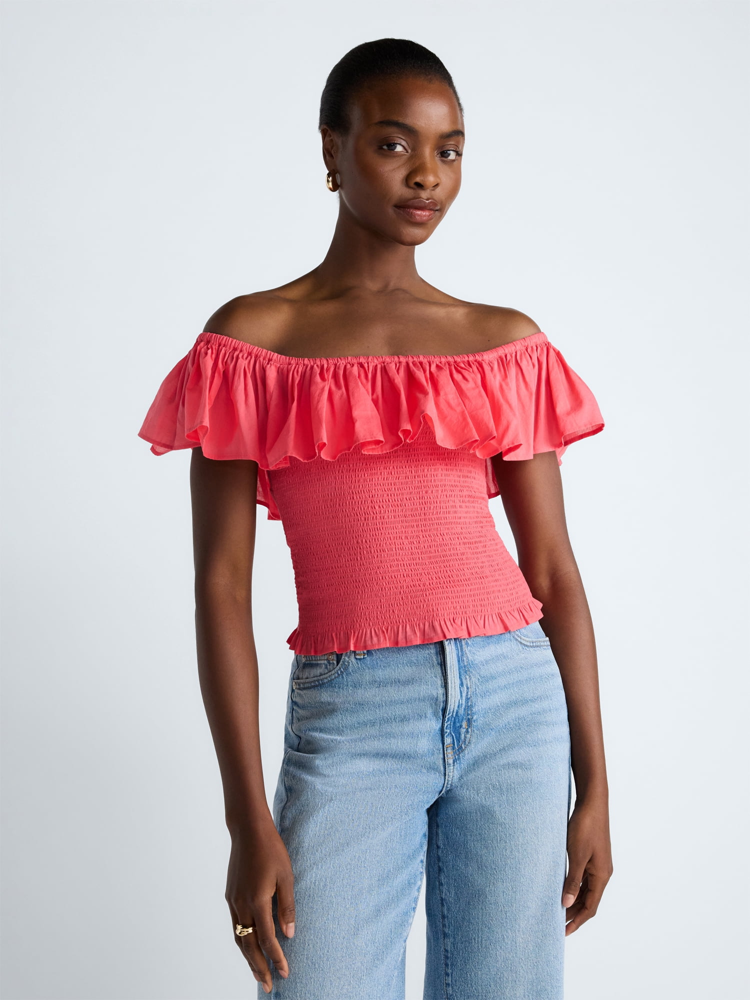 Scoop Women’s and Women’s Plus Off-the-Shoulder Smocked Ruffle Cotton Top, Sizes XS-4X