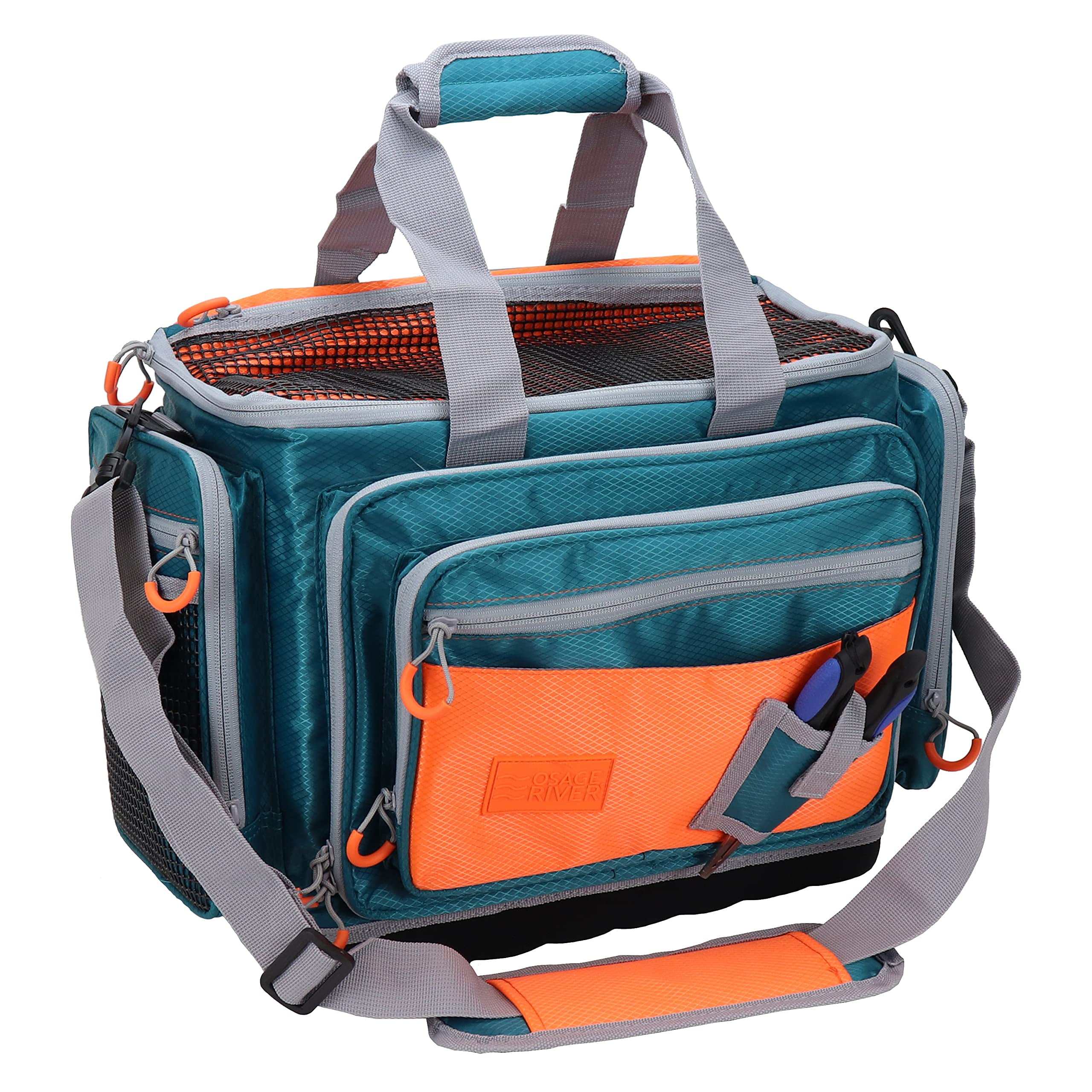 Osage River Gear Medium Fishing Tackle Bag, Saltwater Fishing Gear Bag, Tackle Box Organizer with Waterproof Non-Slip Bottom, Padded Shoulder Strap, and Fishing Pliers, Fishing Gifts for Men, Green