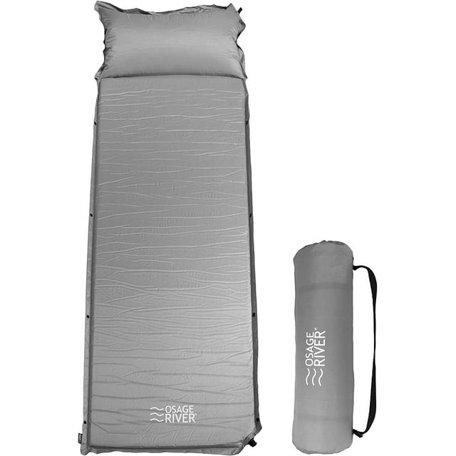 OSAGE RIVER Self Inflating Sleeping Pad with Built-in Pillow, Compact Memory Foam Sleep Mat, Camping Air Mattress for Tent, Travel, Backpacking, or Hiking, Grey