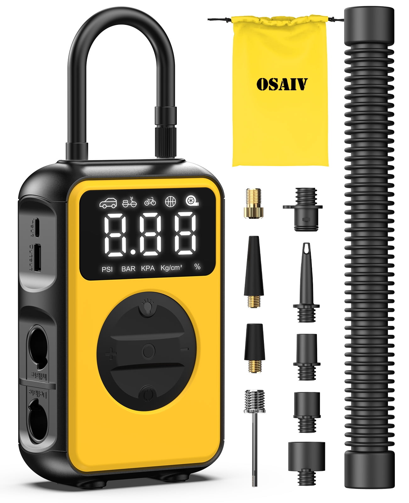 OSAIV 150PSI Tire Inflator & Air Compressor - Dual Mode (150PSI High Pressure / 4.0kPa Volume) for Car Tires, Bikes, Air Mattress, Inflatables - Fast Inflation Portable Pump