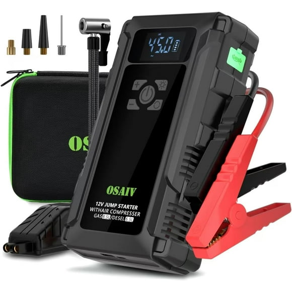 OSAIV Car Battery Jump Starter with Air Compressor, LCD Screen & SOS Function, UltraSafe 12V Portable Battery Starter Power Pack and Jumper Cables for Up to 8.5 Gas/ 6.5L Diesel Engine Vehicles