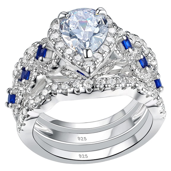 OSBAW Engagement Wedding Ring Set Rings For Women 925 Sterling Silver 3pcs 2.5ct Pear White Cz Blue Size 7
