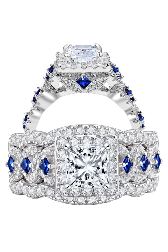 OSBAW Engagement Wedding Ring Set Rings For Women 925 Sterling Silver 3pcs 2.5ct Pear White Cz Blue Size 7