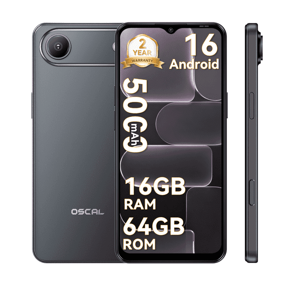 OSCAL FLAT 3C Unlocked Cell Phone,Android 16 Phone with 6.56" HD+ Display,5000mAh Battery,16(4+12)+64GB/1TB Expandable,32MP Rear Camera,IP54,DokeOS 5.0,Black