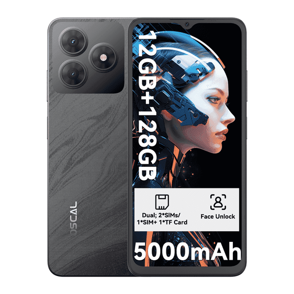 OSCAL Android Phones Unlocked for T-Mobile, Flat 2 Android 15 Phone(2025), 12(4+8)+128GB/2TB TF Octa Core, Dual SIM Phones Unlocked, 5000mAh, 90Hz, 6.56" HD+ Screen, 4G/GPS/Fingerprint/Face ID-Black