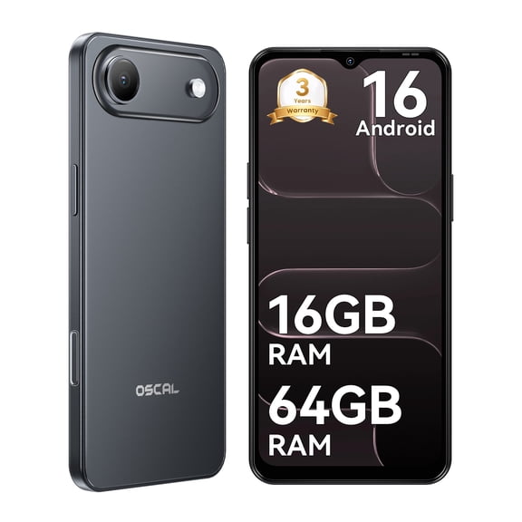 OSCAL FLAT 3C Unlocked Cell Phone, Android 16 T-Mobile Phone with 6.56" HD+ Display, 5000mAh Battery, 16(4+12)+64GB/1TB Expandable, 32MP Rear Camera, IP54, Black