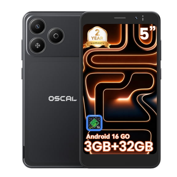 OSCAL Flat 3C Mini 5" Unlocked Cell Phone,3GB+32GB,Android 16 Go,3000mAh Removable Battery,Dual SIM 4G LTE,3.5mm Headphone Jack,Black