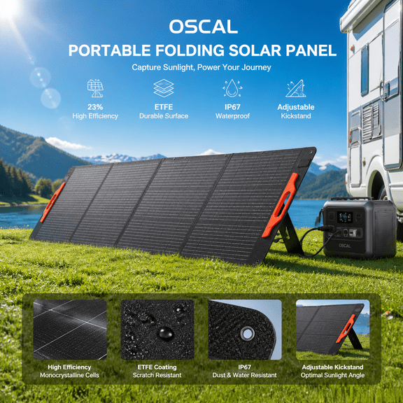 OSCAL PM200 Pro 200W Portable Solar Panel, 23% High Efficiency Monocrystalline Solar Charger with IP67 Waterproof ETFE Coating, Foldable Solar Panel for Power Station, Camping, RV, Outdoor
