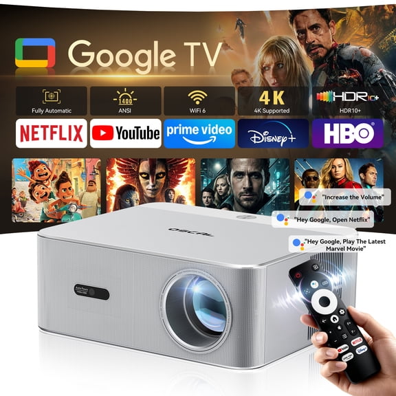 Official Licensed Google TV-4K Projector with WiFi 6 and Bluetooth, Smart Movie Projector with Auto Focus/HiFi Sound, 200" Display Home Theater Proyector Compatible with Phone&PC, Indoor&Outdoor Use