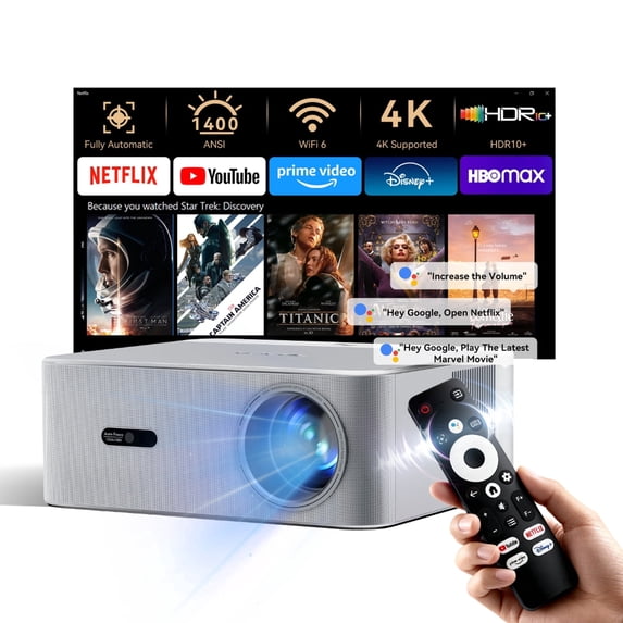 Official Licensed Google TV-4K Projector with WiFi 6 and Bluetooth, Smart Movie Projector with Auto Focus/HiFi Sound, 200" Display Home Theater Proyector Compatible with Phone&PC, Indoor&Outdoor Use