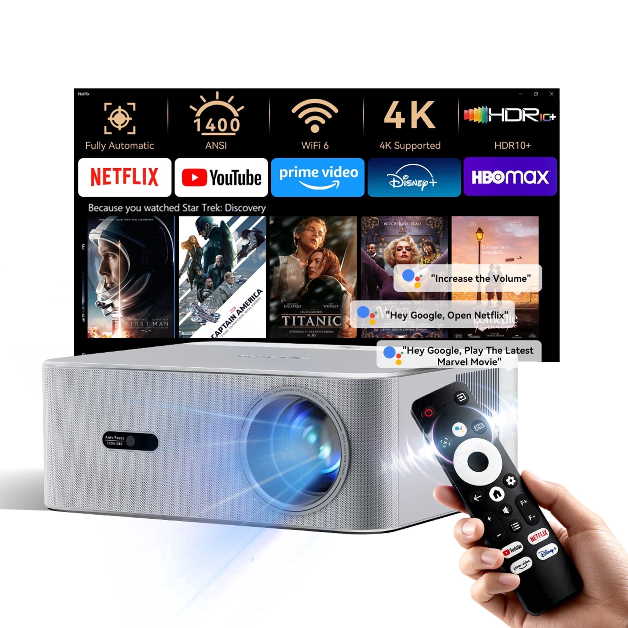OSCAL Google TV 4K Projector, WiFi 6, Bluetooth, HDR10+, Auto