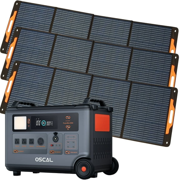 OSCAL Portable Power Station 6000W with 3x200W Solar Panel, 3600Wh LiFeP04 Solar Generator for Home Use, Outdoor Camping, PowerMax 6000