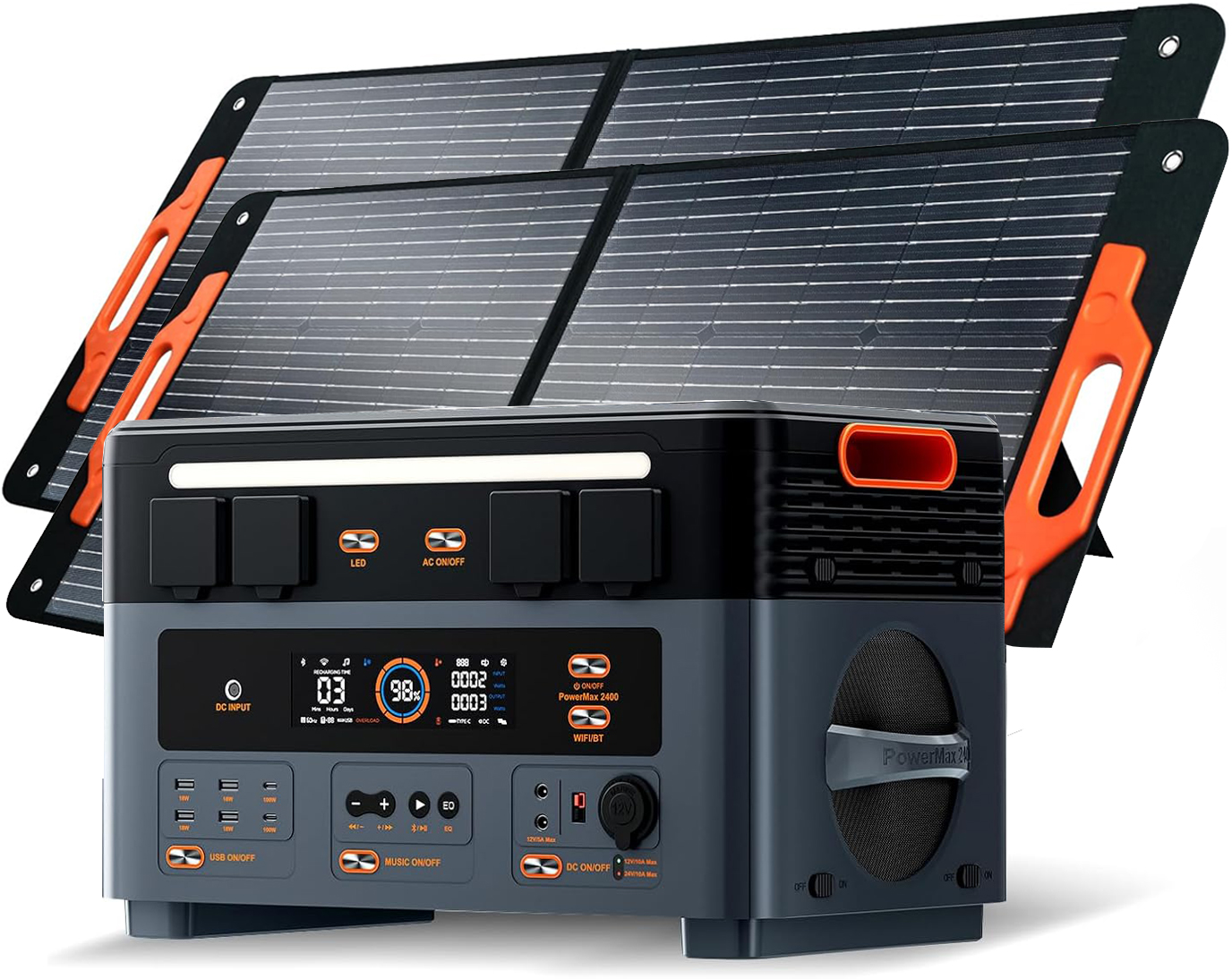 OSCAL Power Station 2400W(4800W Peak) 1872Wh with 2xPM100 Solar Panels, LiFePO4 Ultra Fast Charging, with HD Stereo Speakers for Outdoor Camping