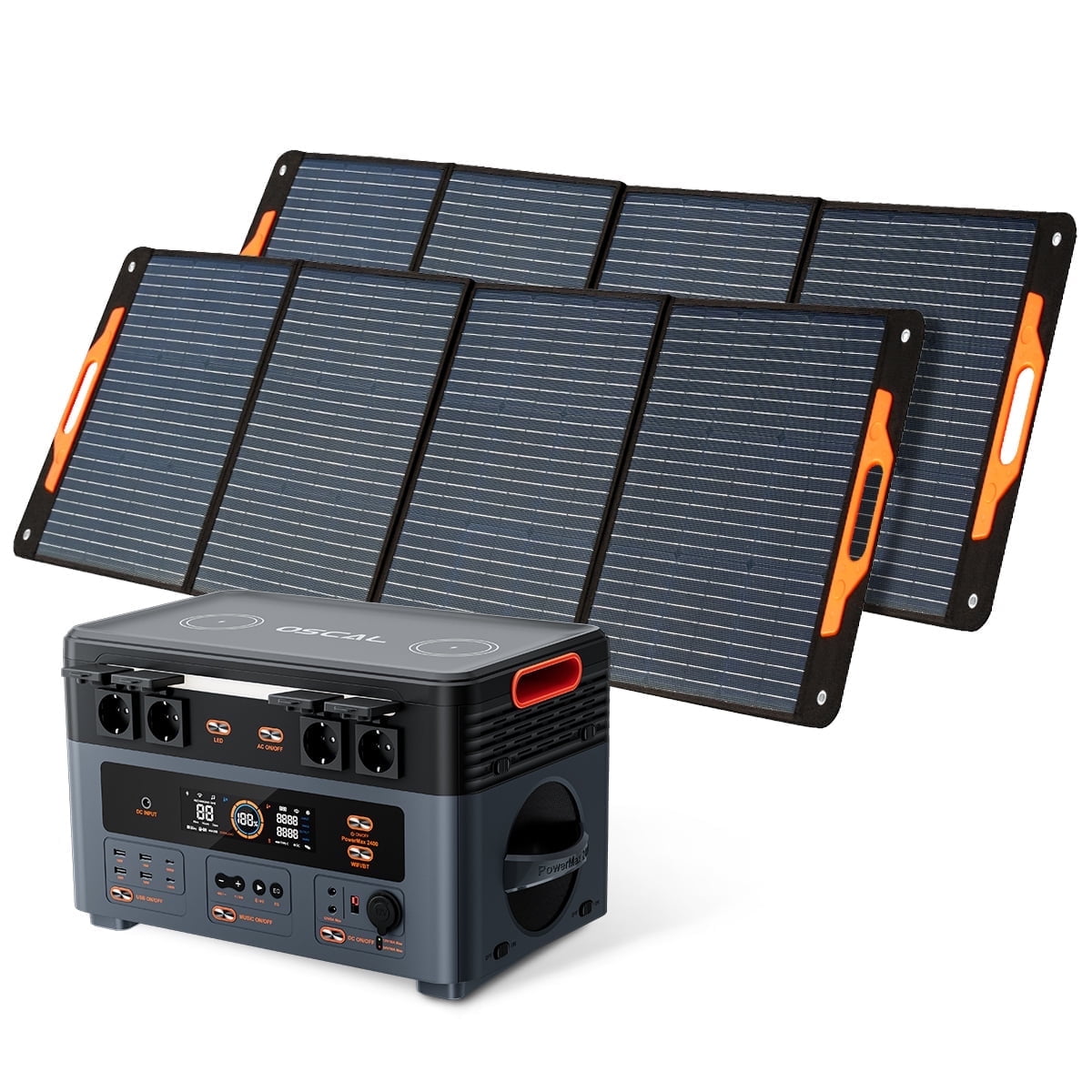 OSCAL Power Station 2400W(4800W Peak) 1872Wh with 2xPM200 Solar Panels, LiFePO4 Ultra Fast Charging, with HD Stereo Speakers for Outdoor Camping