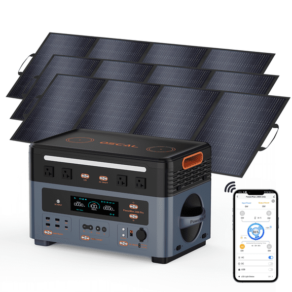OSCAL PowerMax 2400 Solar Generator 1872Wh, 2400W (5000W Peak) LiFePO4 Power Station with 3x200W Solar Panels, 4 AC Outlets, Fast 1-Hour Charge, APP Control for Home Backup, Camping, RV