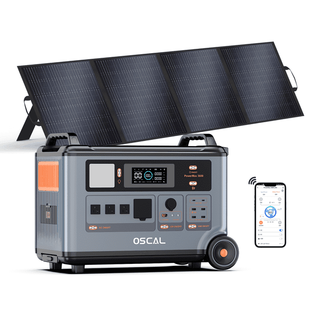 OSCAL PowerMax 3600 Solar Generator with 200W Panels, 3600Wh Portable Power Station, 3000W (6000W Peak) AC Outlets, 1800W Fast Charging, LiFePO4 Battery Backup for Home & Outdoor Use