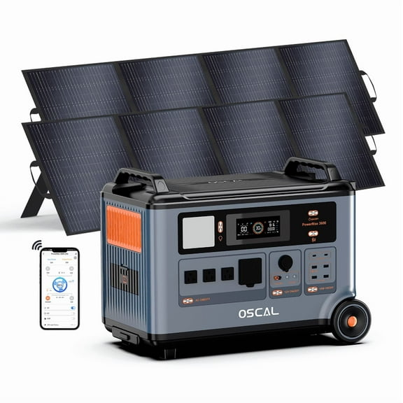 OSCAL PowerMax 3600 Solar Generator with 2x200W Panels | 3600Wh Expandable to 57.6kWh | 3000W AC Output (6000W Peak) | 1.2H Solar Charging | App Control for Home, Camping & RVs