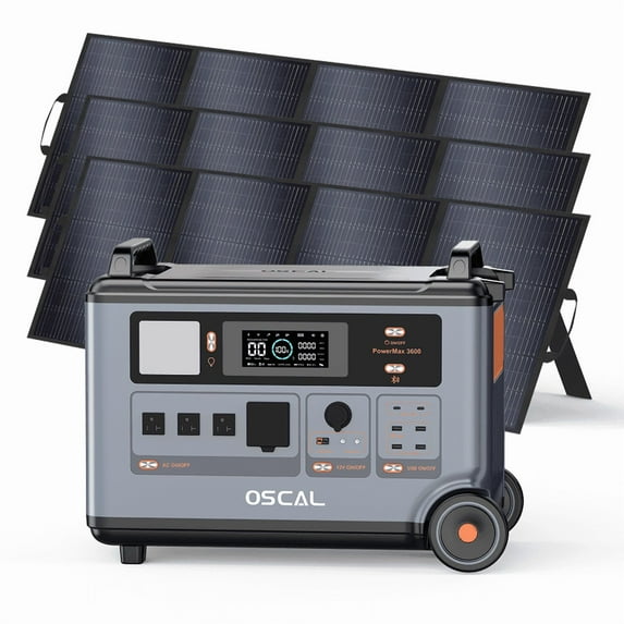 OSCAL PowerMax 3600 Solar Generator with 3×400W Solar Panels, 3600Wh/3000W LiFePO4 Power Station (6000W Peak), 1.2H Fast Charge, APP Control, Home Backup, Camping & RV