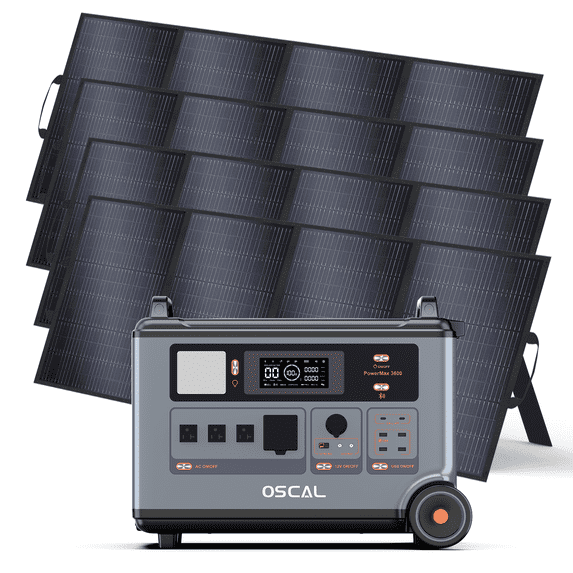 OSCAL PowerMax 3600 Solar Generator, 3600Wh LiFePO4 Power Station with 4×400W Panel, 3000W Output, Fast Charging, APP Control for Home & Outdoor Use