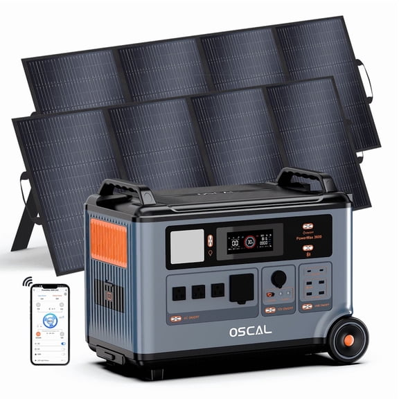 OSCAL PowerMax 3600 Solar Generator, 3600Wh Power Station with 2x400W Solar Panels | 3000W AC Output (6000W Peak) | 1.2H Fast Charge | App Control for Home Backup, RV & Camping