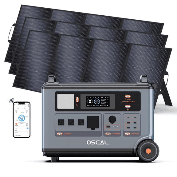 OSCAL PowerMax 6000 3600Wh Solar Generator with 3×400W  Panels | 120V/240V Split Phase 6000W AC Output | 2200W AC/2400W Solar Charging | Emergency Backup for Home & Outdoor Use